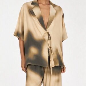 DISSH Henley Tie Front Shirt Beige Black Abstract Print US 6